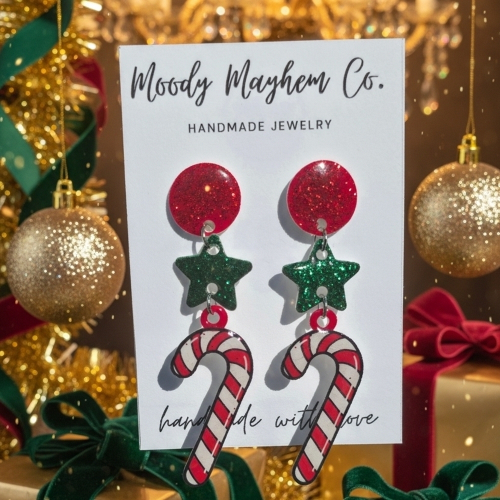 Festive Red and Green Candy Cane Earrings